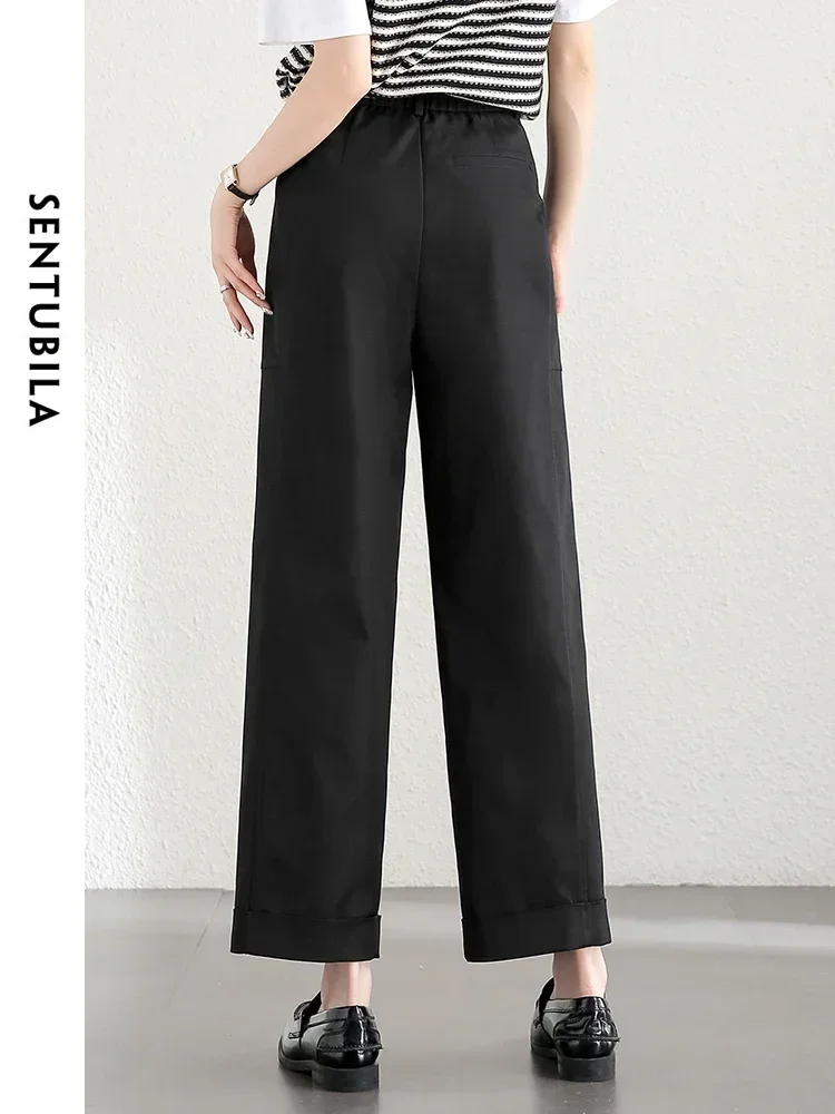 SENTUBILA Casual Fold Down Ankle Length Pant Women 2024 Autumn New Fashion High Waist Loose Straight Women Trousers 143K55655