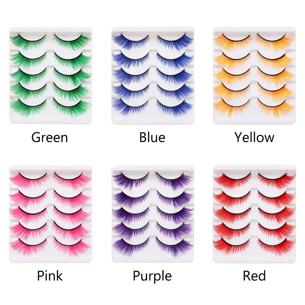 5Pairs Green Blue Dramatic Look Colored Lashes Cosplay Party Masquerade Colorful False Eyelashes Soft Fluffy Eyelash Extension