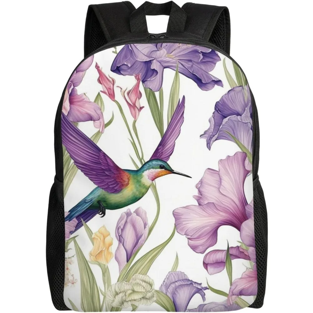 

Hummingbirds Irises Flowers Cute Backpack Waterproof Lightweight Laptop Backpack Shoulder Bag Casual Daypack For Women Men