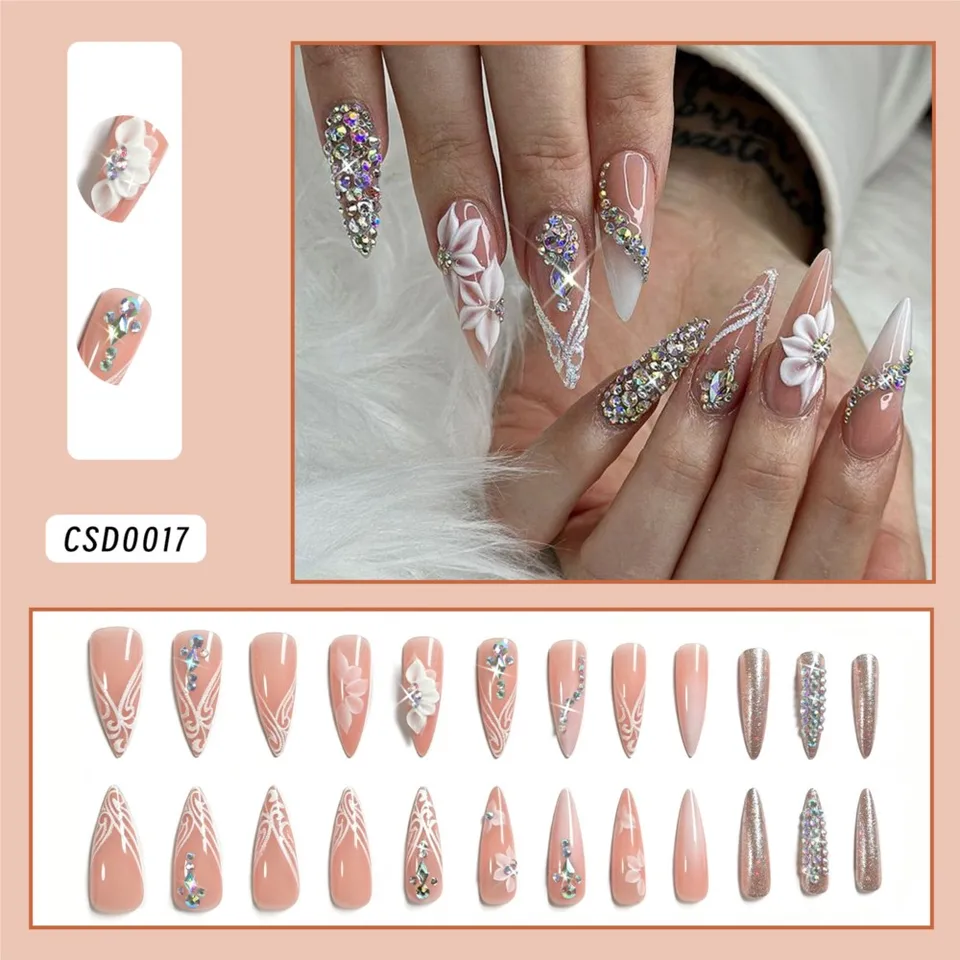 24 piezas de uñas postizas de stiletto largo brillante con diamantes, degradado blanco nude francés, cubierta completa, puntas con pedrería 4