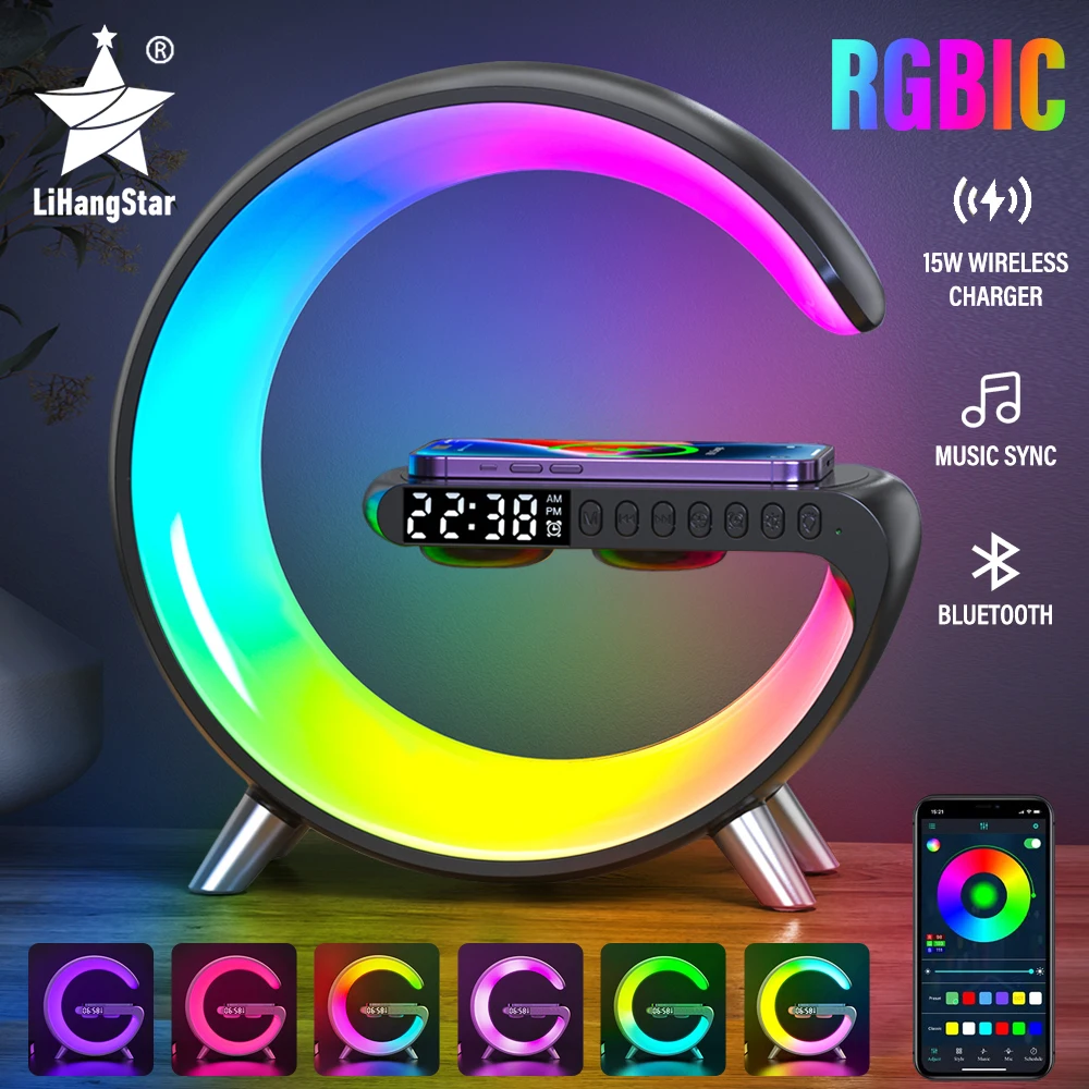 

LED Smart Wake Up Light RGBIC Ambient Night Light with Bluetooth Speaker 15W Wireless Charging Table Lamp for Bedroom Game Room