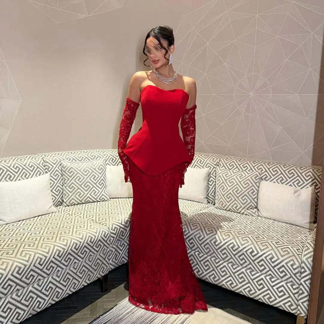 

Customized Mermaid Long Sleeves Evening Dresses Two Pieces Pleated Lace Floor Length Prom Dresses Vestidos Noches Party Dresses
