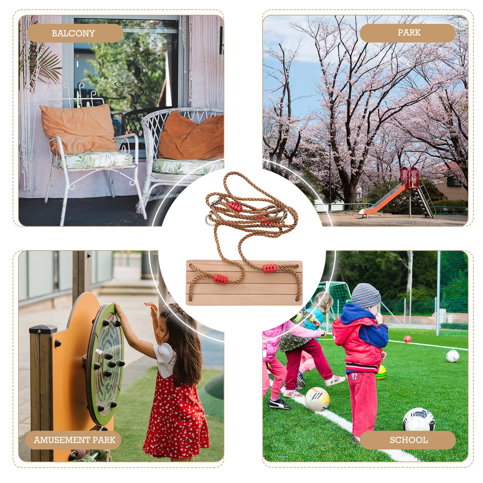 1pc Wooden Swing For Kids Sturdy Outdoor Play Equipment Backyard Garden Fun Children Four-Board Khaki Wooden Plaything