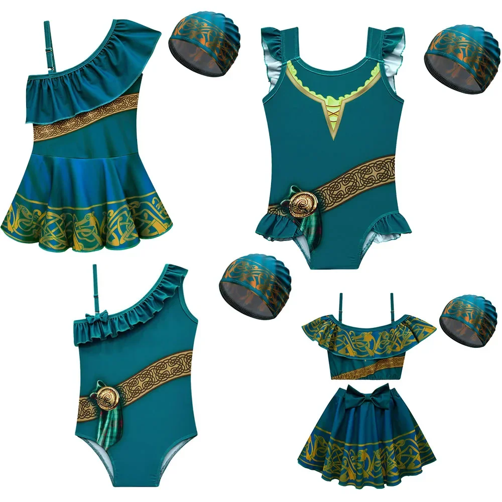 2025 novo verão corajoso merida roupa de banho crianças maiô para meninas meridaing roupas do bebê menina natação wear com maiô boné