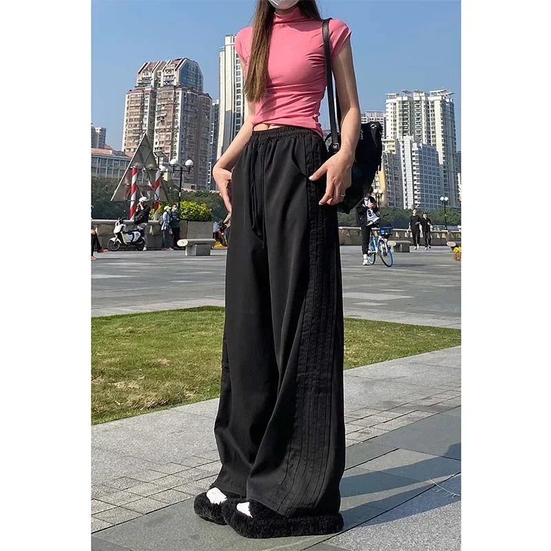 

2025 High Street Striped Sports Pants Women's Spring Autumn Small Size Slim Straight Lazy Style Sweatpants Loose Wide Leg Casual