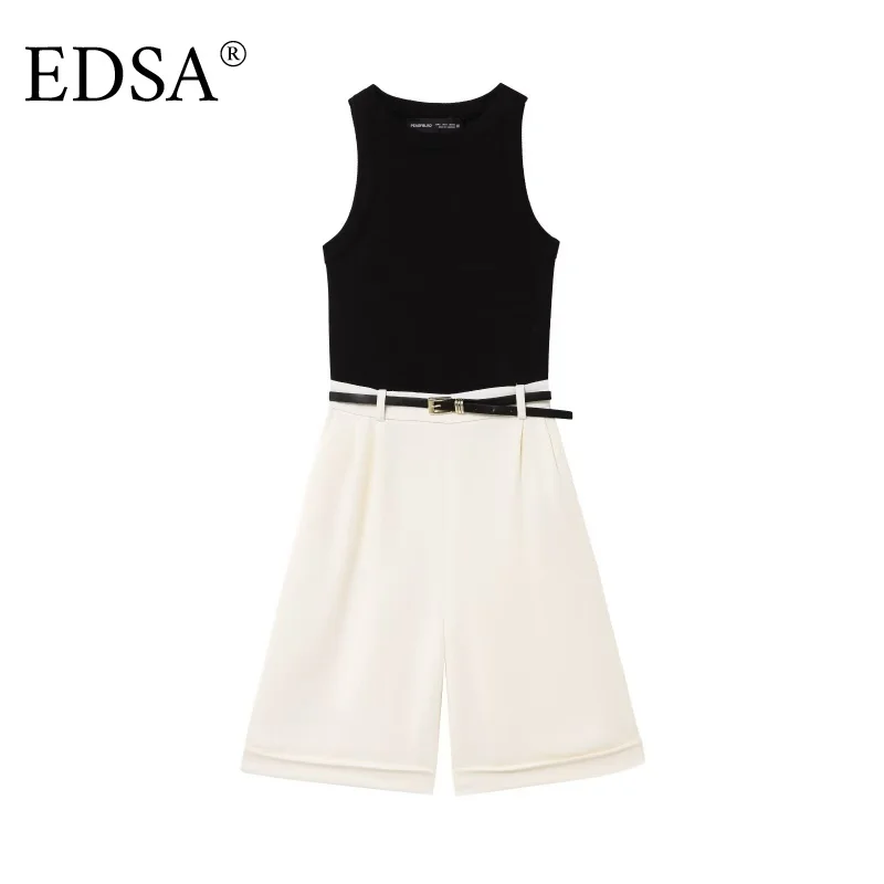 

EDSA Women Contrast Playsuits with Belt Round Neck Sleeveless Turn-up Hem All-seasons Casual Female Jumpsuits