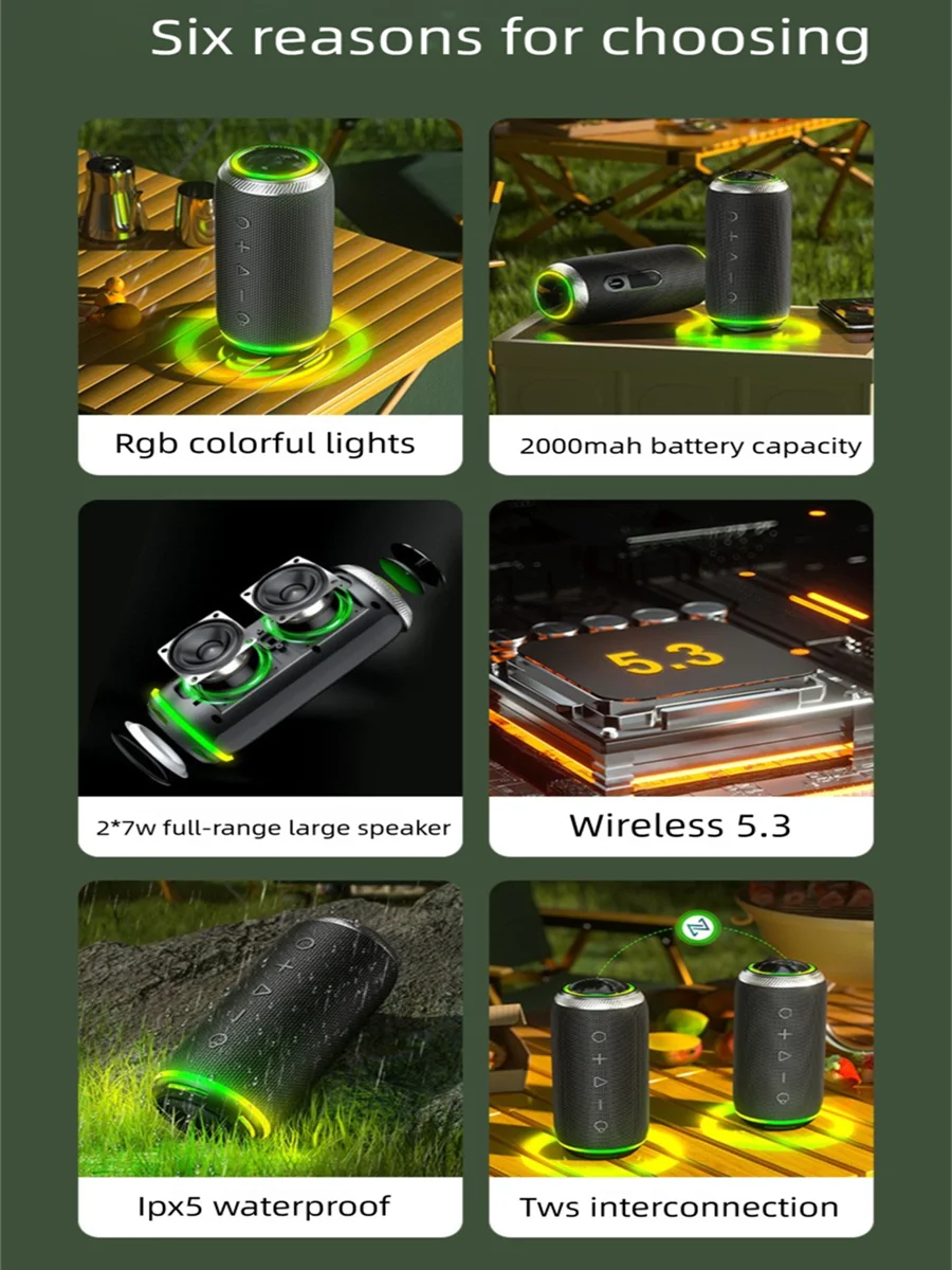 New Bluetooth Waterproof Speaker Green Colorful Ambient Light Outdoor Portable Speaker High-power Wireless Subwoofer Sound Box