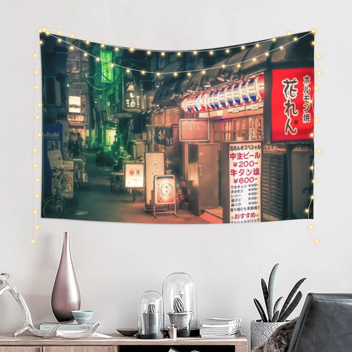 Dark City vibe midnight Green backstreet in Tokyo. Tapestry Home Decorators Cute Room Decor Wall Hangings Decoration Tapestry