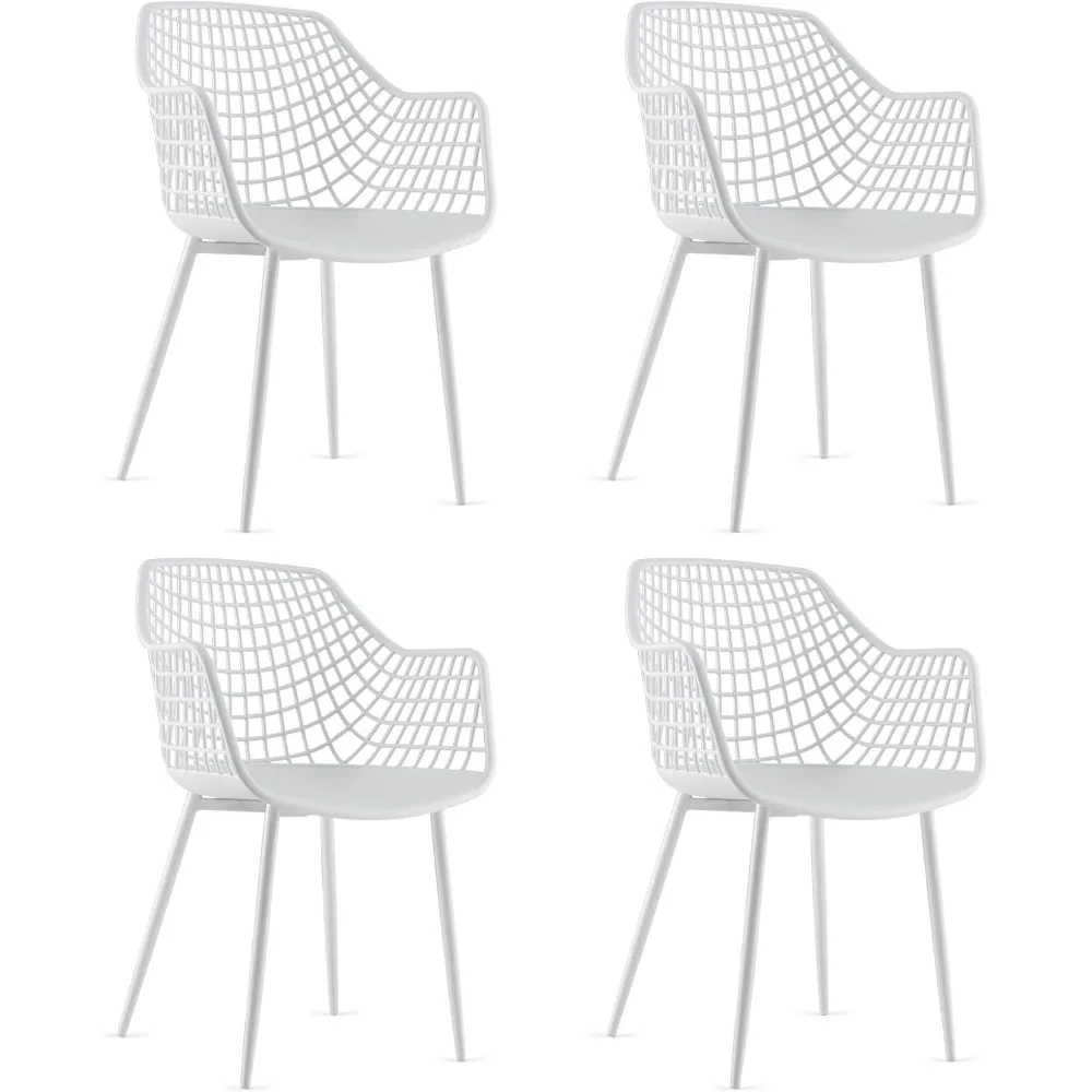 

Modern Dining Chairs Set Of 4 - White Arm Chair With 15" High Backrest, Powder-coated Metal Legs, Anti-slip Foot Pads,