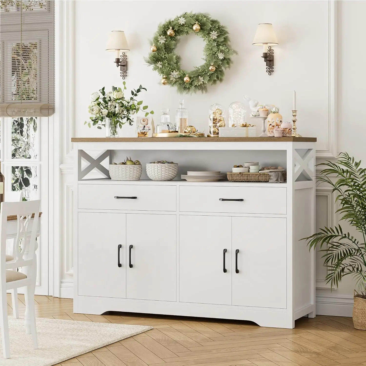 

Modern Farmhouse Sideboard Buffet Cabinet, Wood Buffet Storage Cabinet with Drawers & Shelves