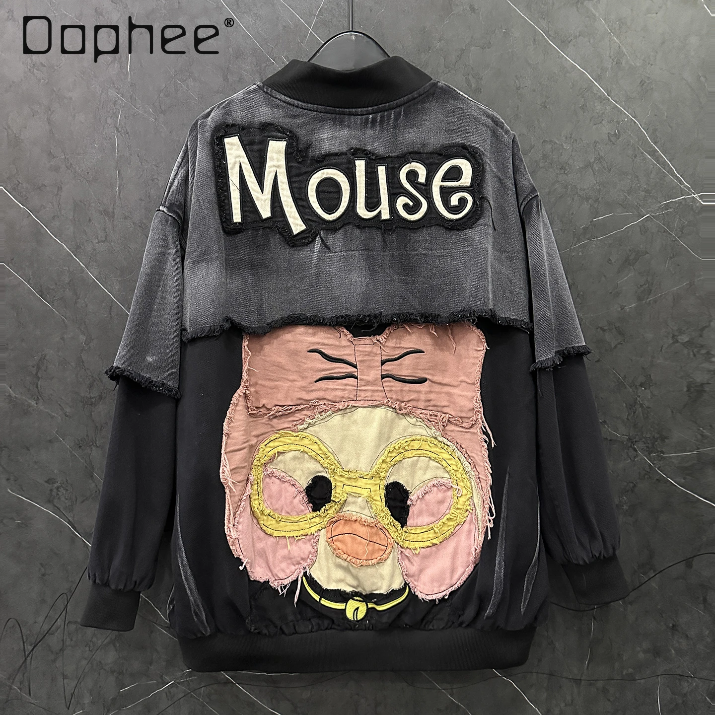 

Coat Women Jacket 2025 Autumn Winter Heavy Craft Cartoon Patch Embroidery Fake Two-Piece Jacket Loose Casual Fashion Jacket