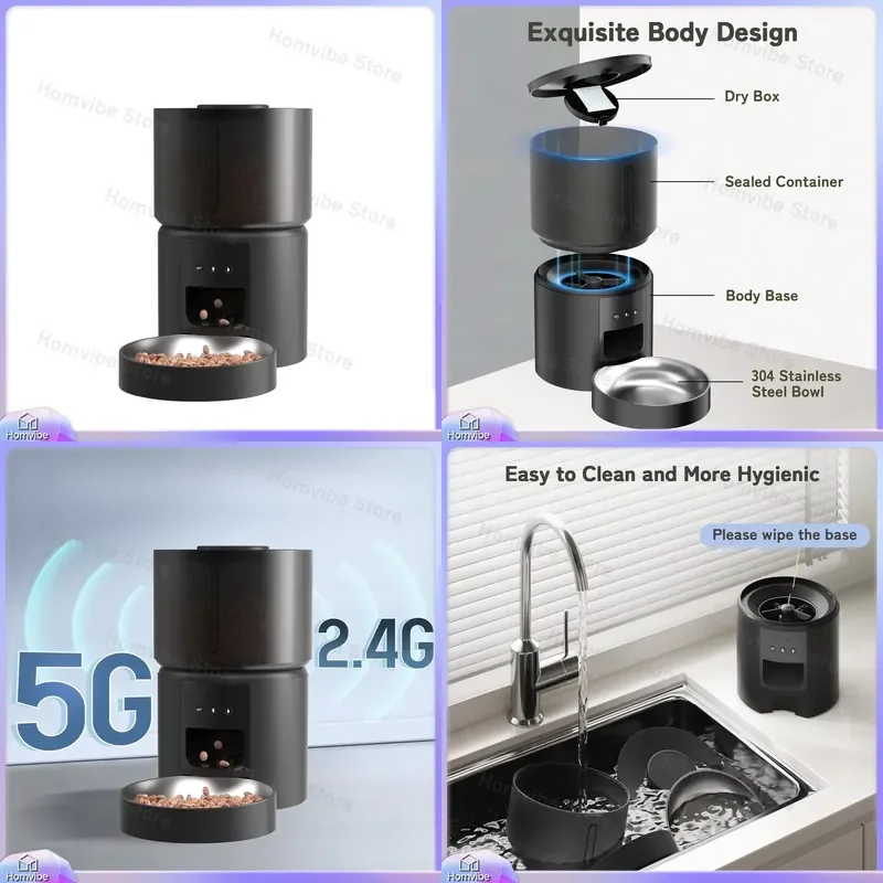 

4L WiFi Smart Pet Feeder Automatic Cat Dog Feeder with Camera Timer App Control Rechargeable Battery for Home Kitchen Living