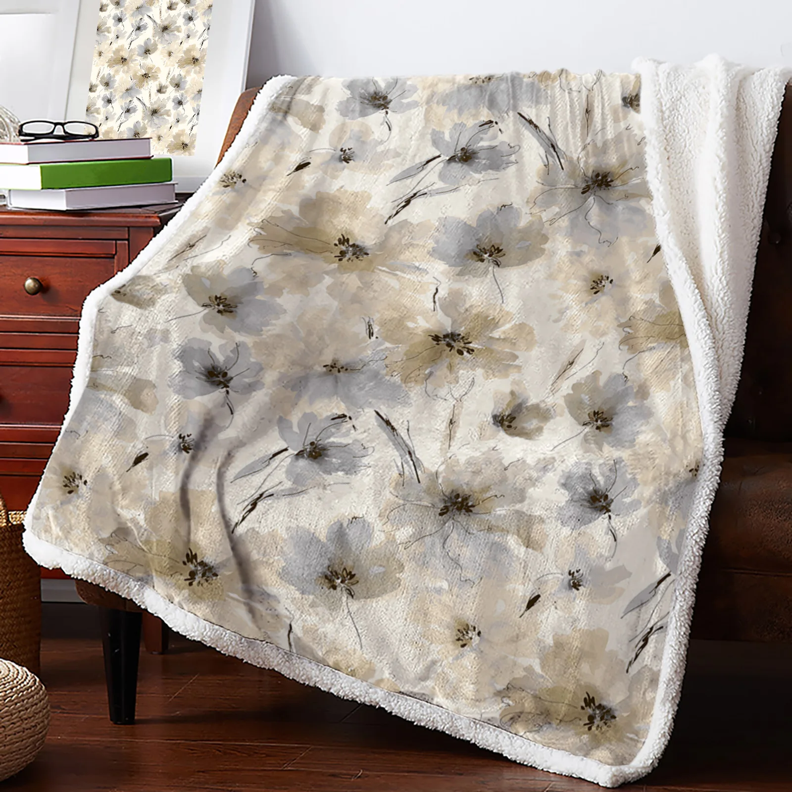 

Watercolor Botanical Flowers Texture Winter Warm Cashmere Blanket for Bed Wool Throw Blankets for Office Bedspread