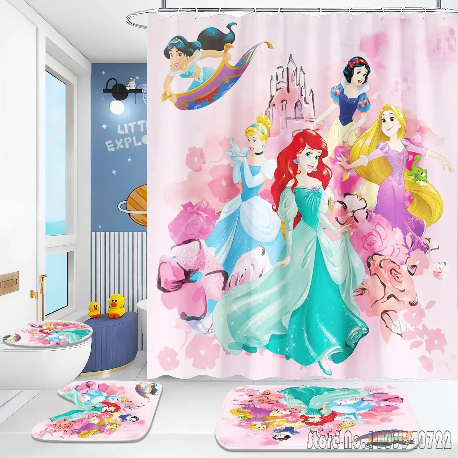 Snow White, Ariel, Princess Shower Curtain Bathroom Accessories 4 Piece Set Mats And 100% Polyester Decor Cute Funny home