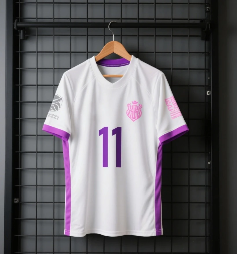 2025 Nueva camiseta de fútbol 11 con ribete morado: camiseta de fútbol blanca con cresta rosa, elegante kit de equipo listo para combinar