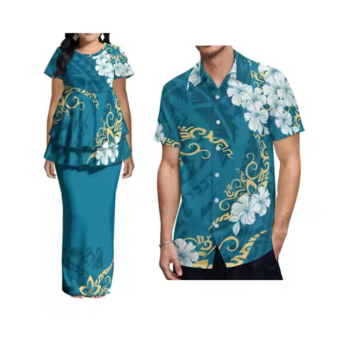 Fashionable Design Sense Double-Hem Evening Dress Polynesian Floral Print Puletasi Women'S Suit Dress Custom Couple Outfits