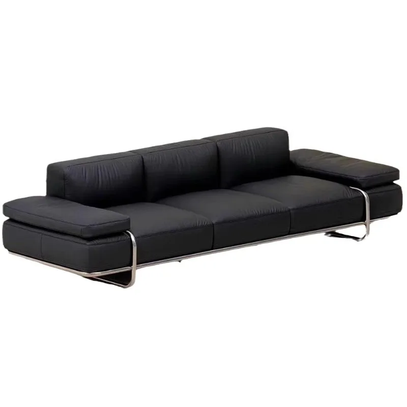 

Hotel minimalist leather sofa Bauhaus design meeting guests living room stainless steel three-person straight