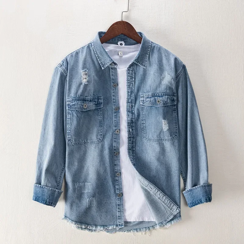 

Spring Fall Long Sleeve Blue Denim Shirt Men Streetwear Retro Hole Jean Shirts Double Pockets Loose Shirt Korean Fashion Shirt