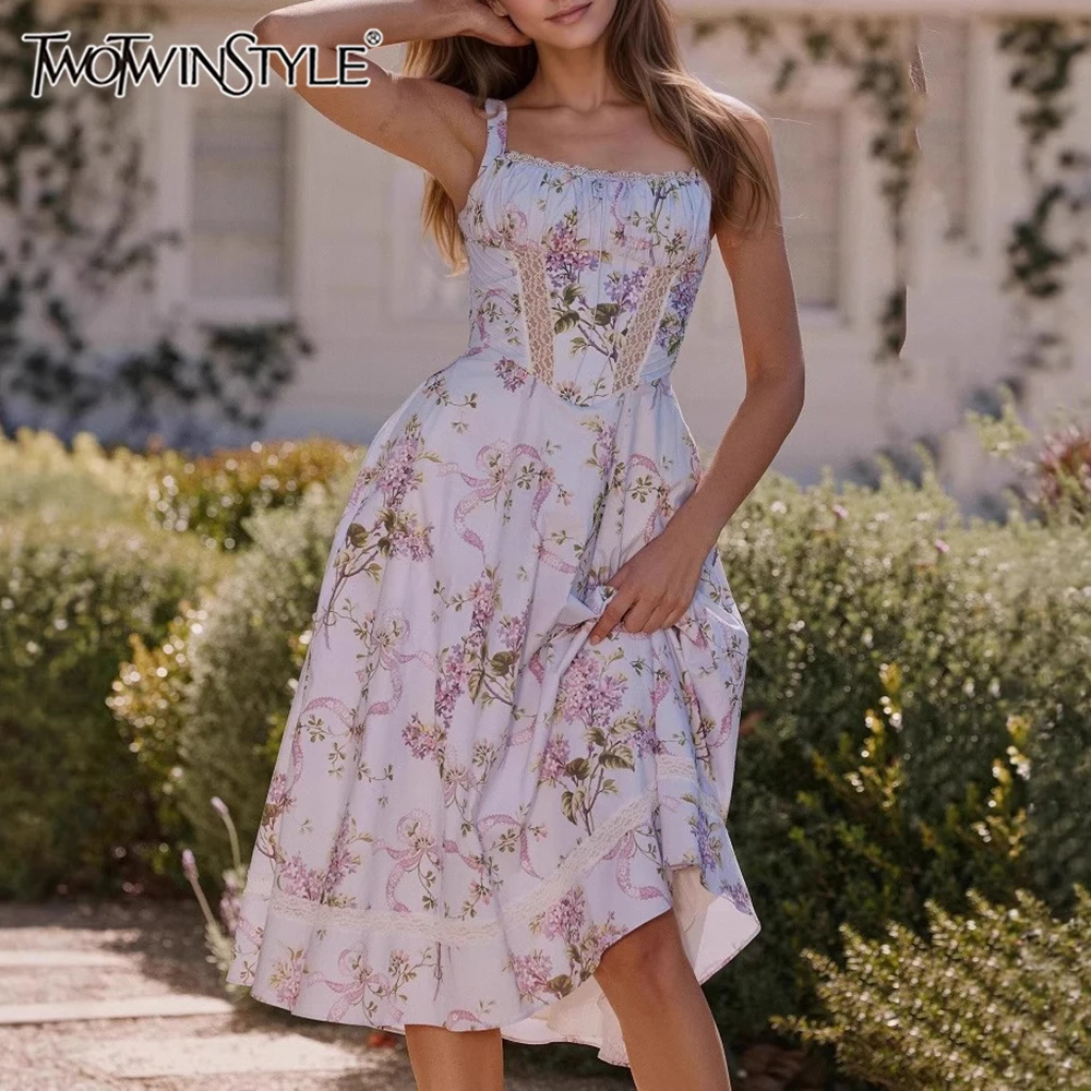 

TWOTWINSTYLE Printing Hollow Out Spliced Lace Elegant Dresses for Women Square Neck Sleeveless Patchwork Pockets Dress Female