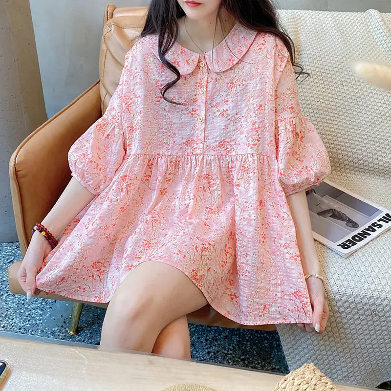 Summer New Korean Loose Floral Blouse Lantern Sleeves O-neck Pleated Print Thin Sweet Shirt Tops Elegant Fashion Women Clothing