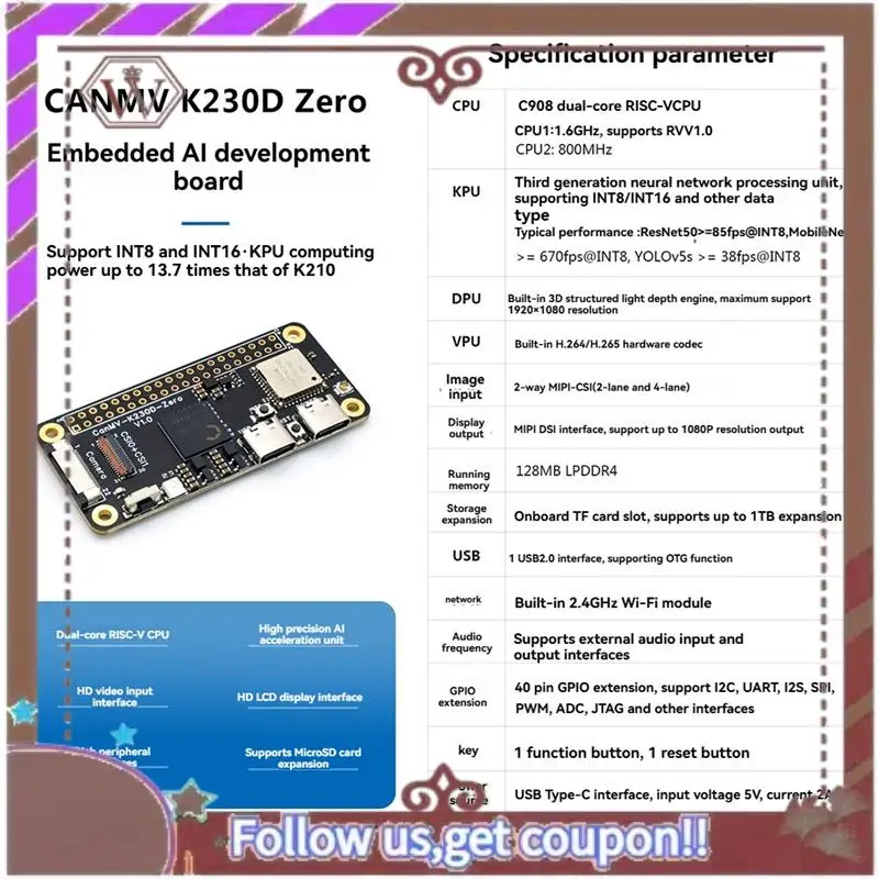 ABBG-Canmv K230D ZERO Development Board Machine Vision Recognition Camera2093 AI RISC-V Motherboard Artificial Intelligence B
