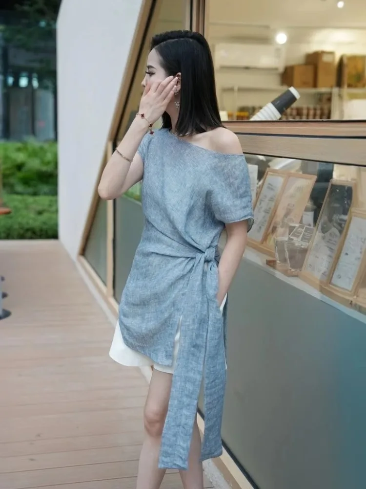 여름 럭셔리 블루 린넨 탑과 화이트 반바지 투피스 세트 여성 패션 허리 컷아웃 의상 엘레앤슬리 앙상블