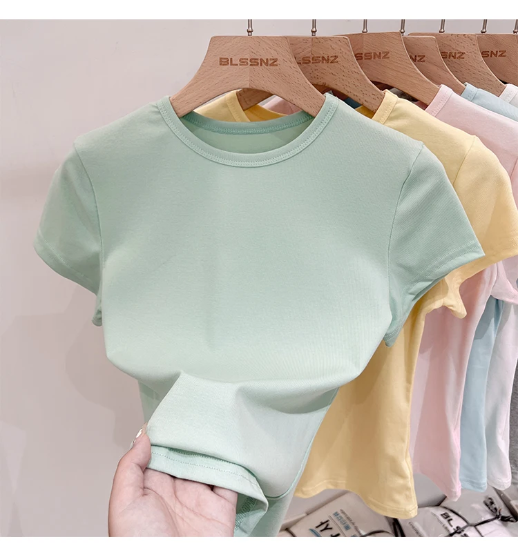 Zjaiss 2026 Sommer Neues Design Slim Fit Basic Top Trendiges Damen Baumwoll-Kurzarm-T-Shirt Einfarbig Vielseitiges O-Neck Tee – Detail 31