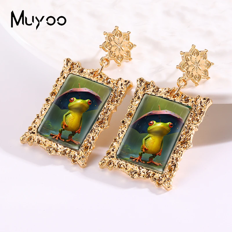 2024 New Arrival Fashion Frog with Umbrella Handcraft Antique Golden Mandala Rectangle Dangle Earrings