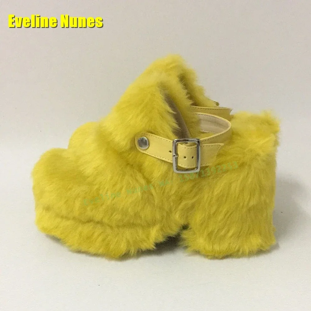 

Plus Size 2024 Winter Casual Slippers Yellow Furry Fur Back Strap Platform Pumps Round Toe Thick Sole Shallow Belt Buckle Solid