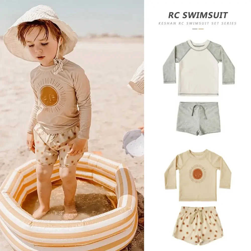 

Baby Boys Swimming Wear Spell Color Long Sleeve Swimsuit + Shorts 2pcs Suit Children Quick Drying Swimwear