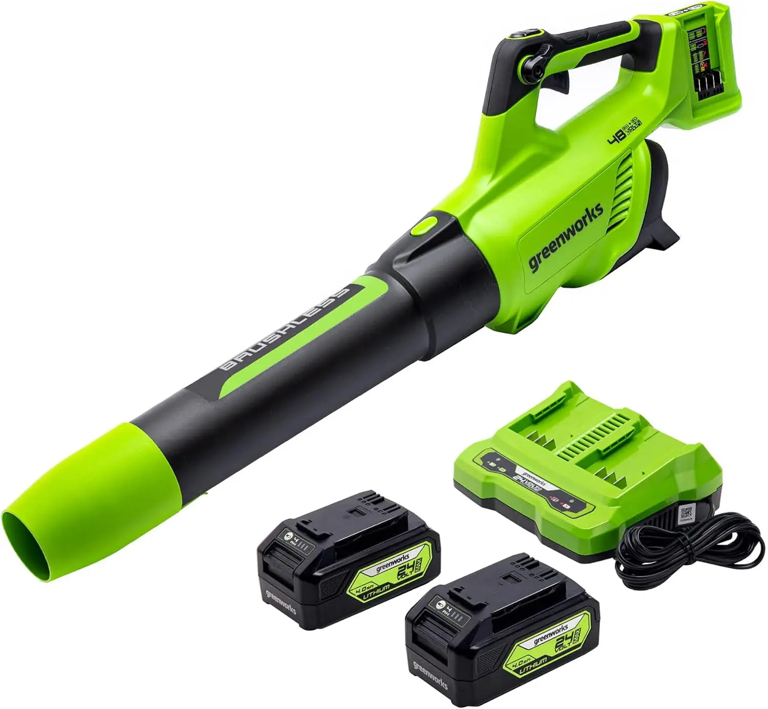 

48V (2 x 24V) Cordless Brushless Axial Leaf Blower (140 MPH / 585 CFM / 125+ Compatible Tools), (2) 4.0Ah Batteries and Dual Por