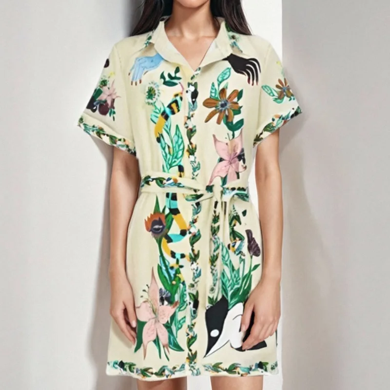

New2025Spring New Popular European and American Women's Clothing Fashion Printed Temperament Lapel Strap Short Sleeve Dress