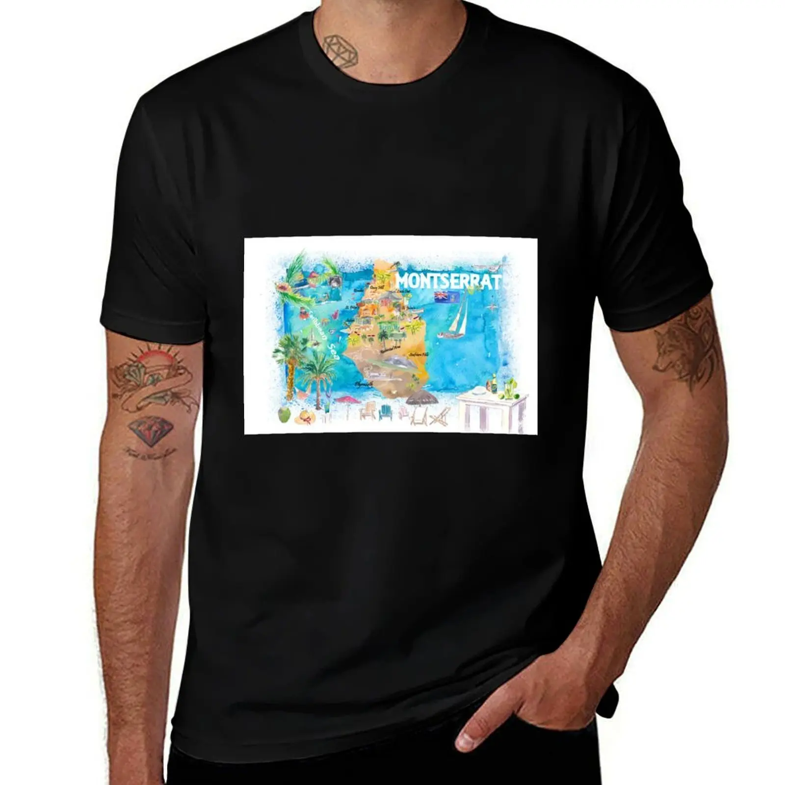 

Montserrat Antilles Illustrated Caribbean Travel Map with Highlights of West Indies Island Dream T-Shirt