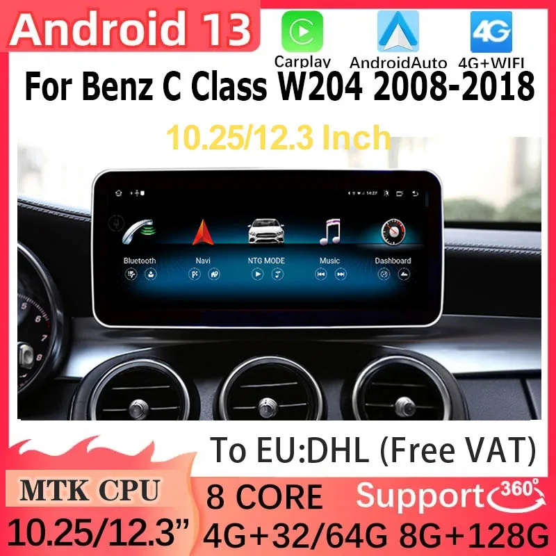 

10.25" 12.5 Inch Android13 8+128G For Benz C Class Multimedia Video Radio Stereo Player GPS Navigation Blue-tooth 4G WiFi