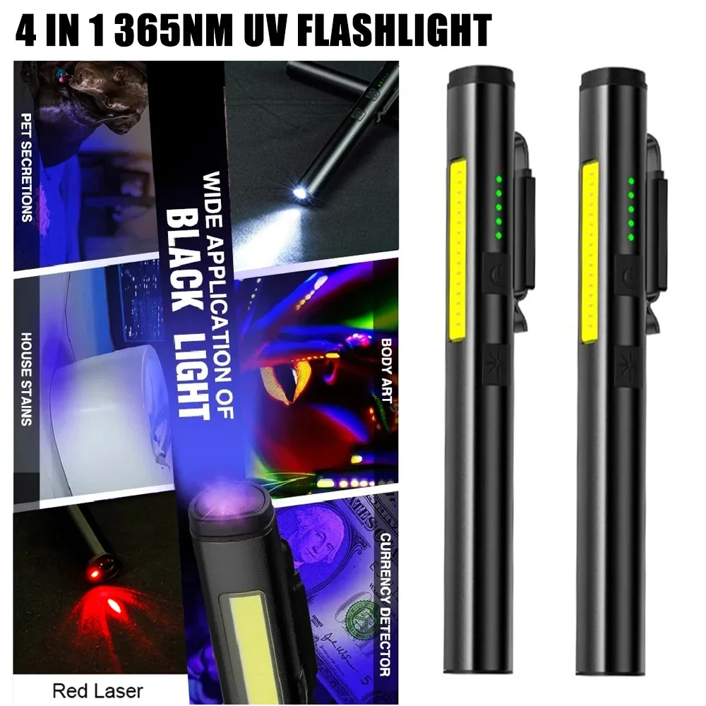 

Multifunctional 4 In 1 Portable Flashlight(UV/LED/COB) Pen Clip Rechargeable Torch with Indicator Mini Camping Working Lantern