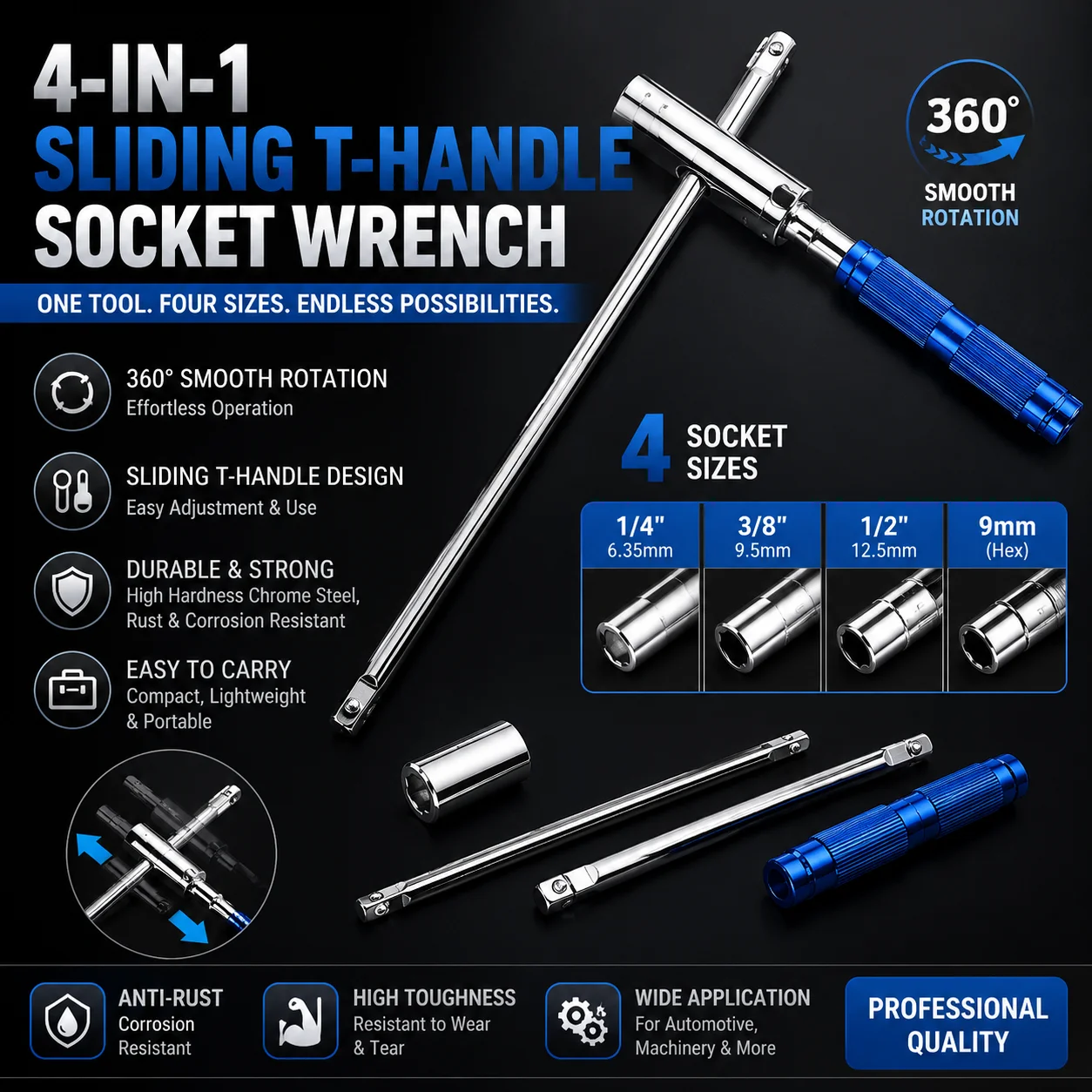 Multifunctional T-Handle Socket Wrench Set with Interchangeable Sockets And Lever Bar - Easy to Use Hand Tool for Repair Work view 6