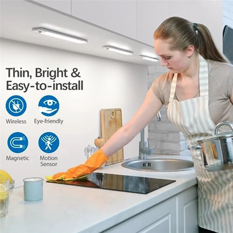 

ABMR-Motion Sensor Under Cabinet Light Rechargeable Light Wireless Light Strip Set For Kitchen Wardrobe Bedroom, 12 Inch