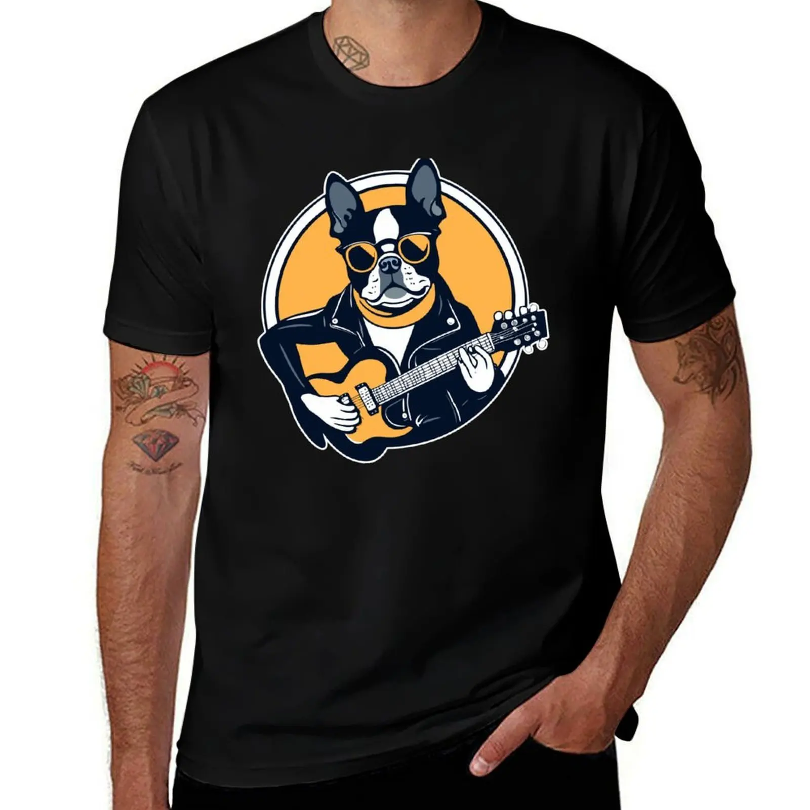 

Boston Terrier Playing Guitar Wearing Sunglasses T-Shirt summer shirt luxury designer boys animal print Men's t shirts