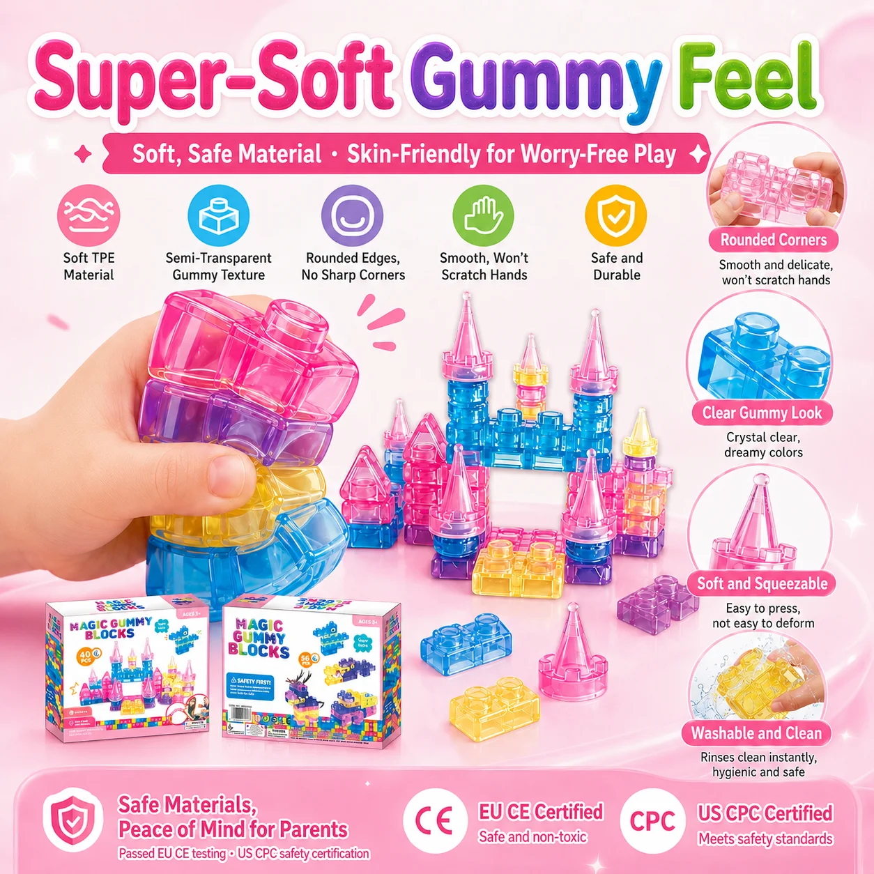 40PCS Magic Castle Gummy Bloc Soft Building Blocks for Kids, Food-Grade TPE Sensory Stacking Toys, Transparent Jelly Bricks