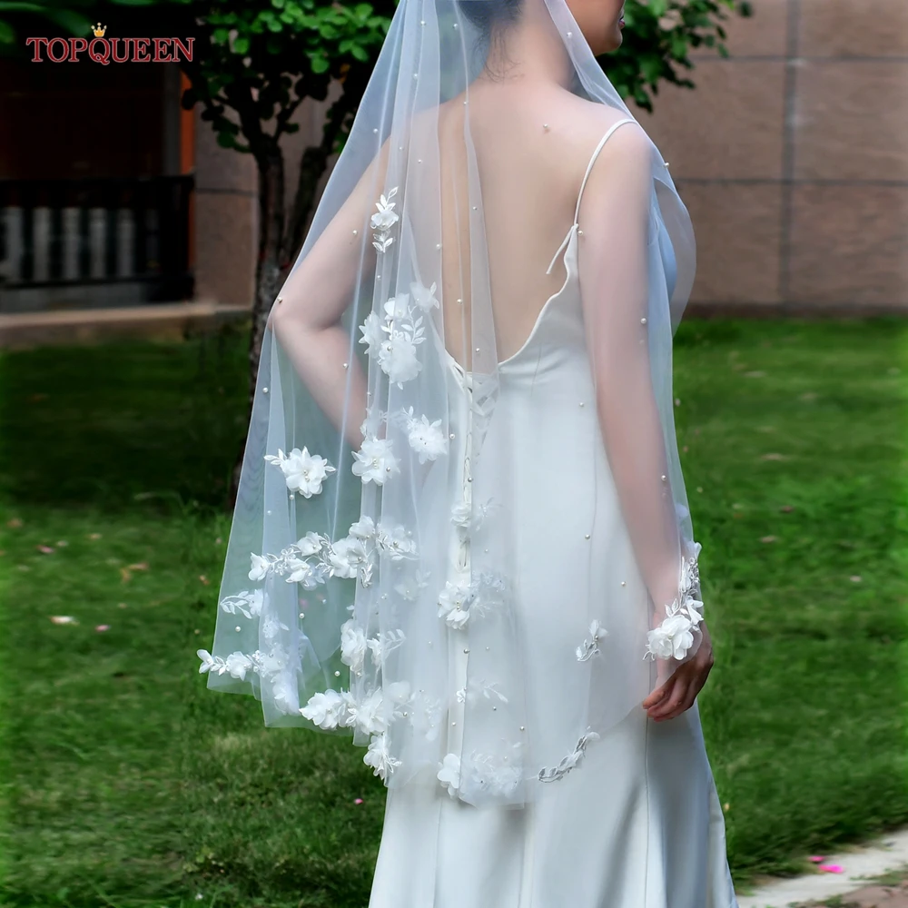 TOPQUEEN V52 Flowers Wedding Veil with Pearls Elegant Bridal Veils Long Train Bridal Shower Veu of Bride 3 Meter  Veu de Noiva