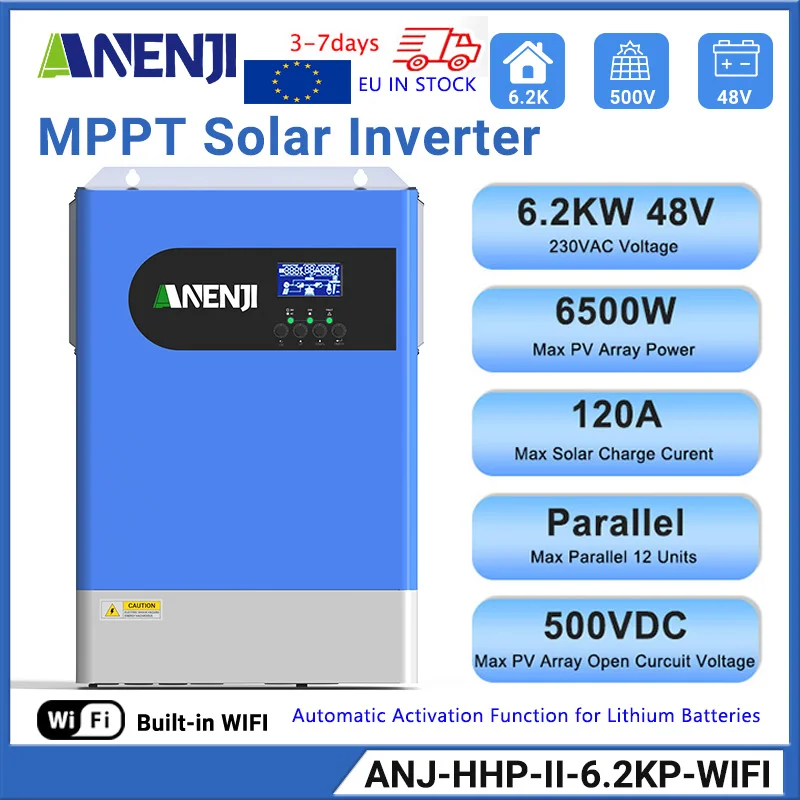 Convertisseur solaire hybride parallèle ANENJI 48V 6,2KW 230VAC, convertisseur photovoltaïque à onde sinusoïdale pure, chargeur solaire MPPT 120A, PV 500VDC