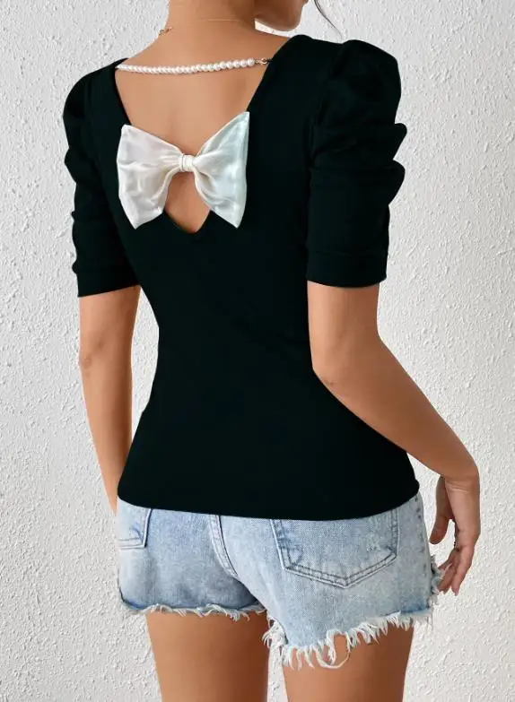 

Top Women 2026 Spring Summer New Solid Color Beading Bow Decor Slim Fit Round Neck Short Sleeve Versatile Basic T-Shirt Top