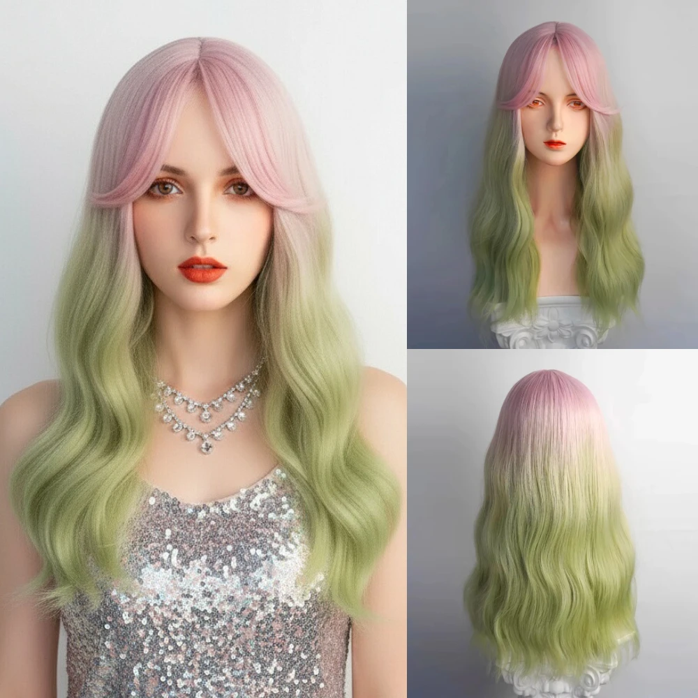 

Длинный волнистый розовый омбре зеленый синтетический парик Лолиты средняя часть пушистый женский парик для косплея для повседневной вечеринки