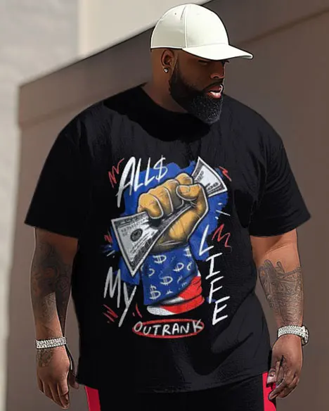 Biggmans Plus Size L-9Xl for Men's Clothing Summer Casual Sports On My Bag Money Letter Print Large Man Short Sleeved T-Shirt