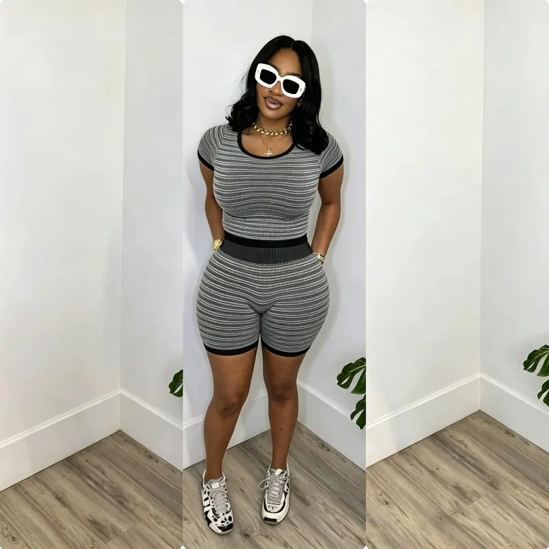 

Stripe Knitted Slim 2 Piece Set Women Fashion Casual O Neck Short Sleeve Crop Tops + High Waist Shorts Slim Streetwear Sits