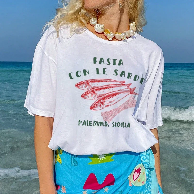 

Women Retro Sicily Pasta Sardine T Shirt Cute Aesthetic Italian Food T-Shirts Pasta Lover Shirt Tomato Girl Summer Graphic Tees