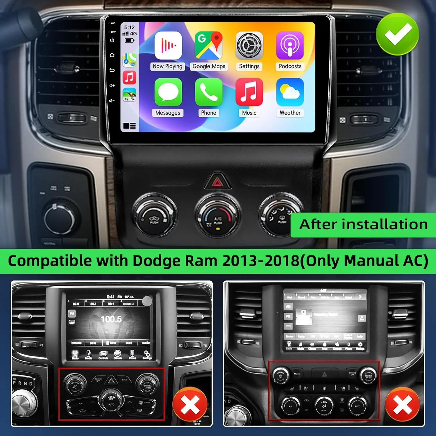 Car Radio Stereo for Dodge RAM 1500 2500 3500 2013-2018, Android 13 2+64G Touch Screen with CarPlay, Android Auto, Bluetooth, GP
