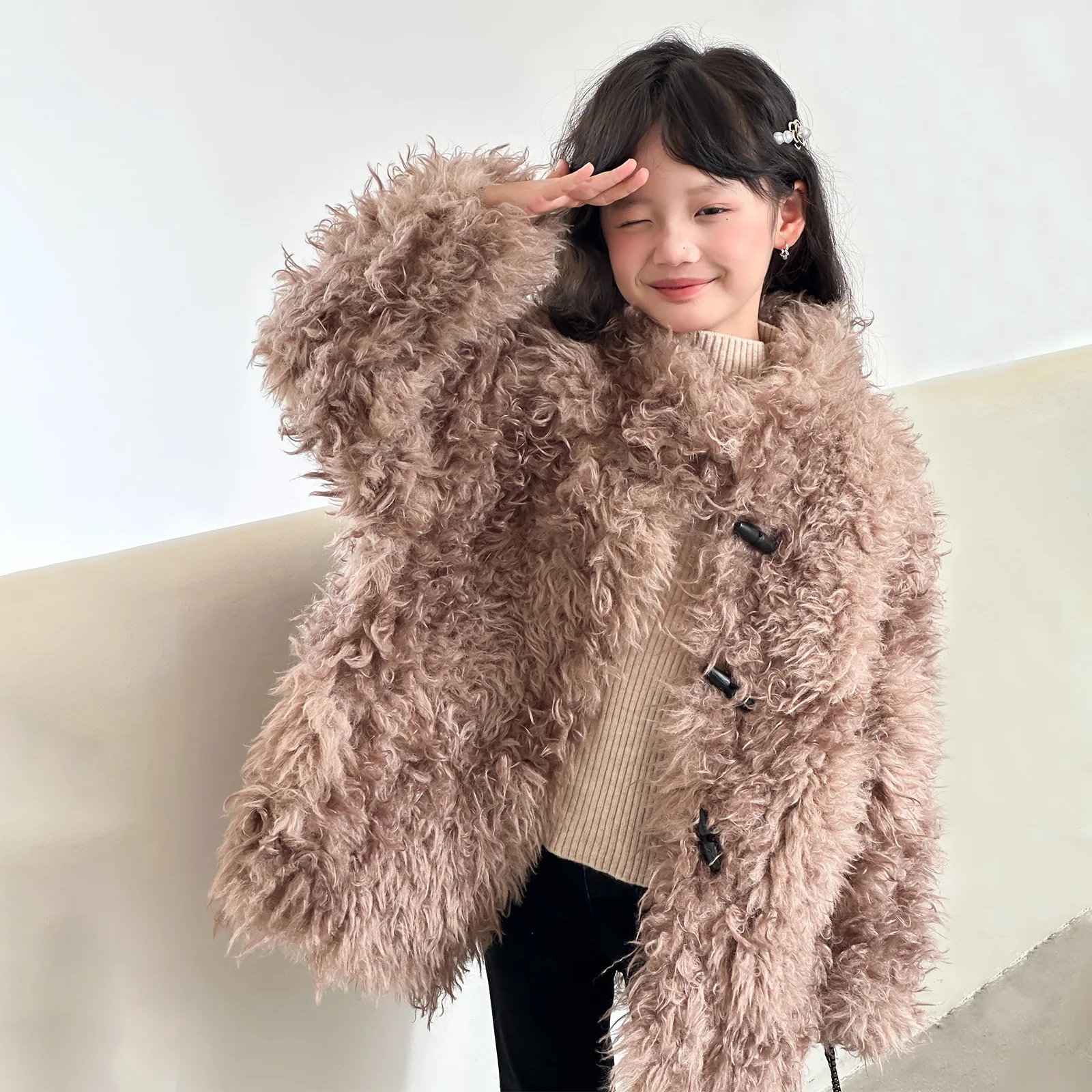 UNITIM Winter Children Girls Faux Fur Coat Faux Lamb Fur Thick Teens Girl Mid-length Jackets 4-14Yrs Junior Girls Outerwear Coat