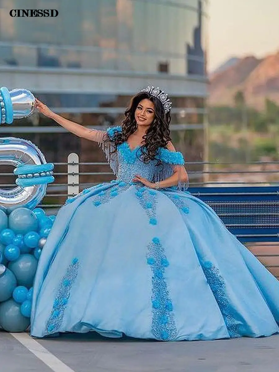 

2022 мексиканское небесно-голубое платье Quinceanera с 3D цветочной аппликацией Vestidos XV лет сладкий 16 бант robe de Party