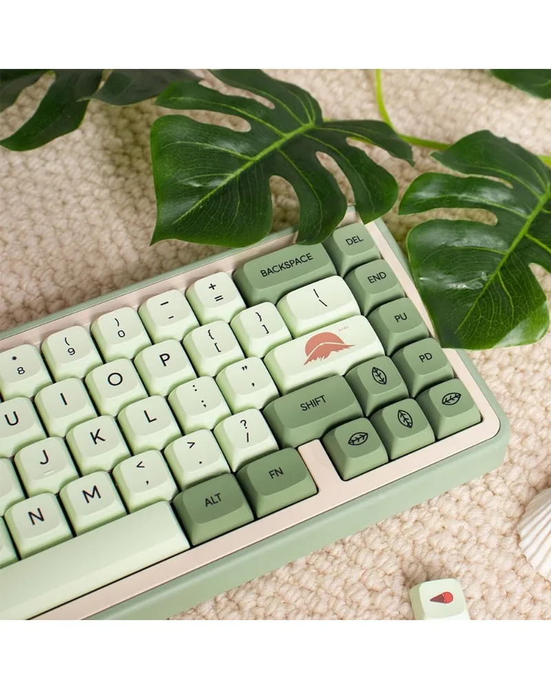 matcha green gradient keycaps set pbt dye sub keycaps with leaf design for mechanical keyboards